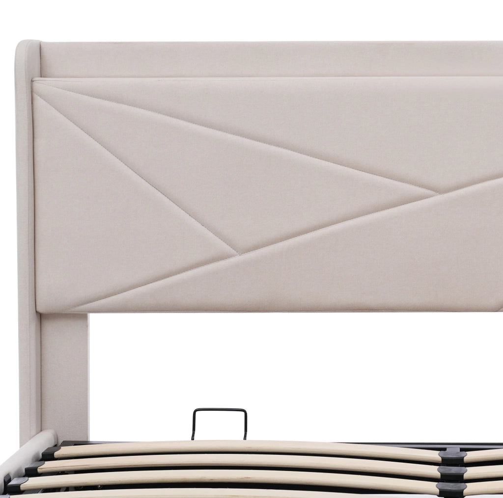 Letto matrimoniale 180x200 cm in lino beige con contenitore integrato