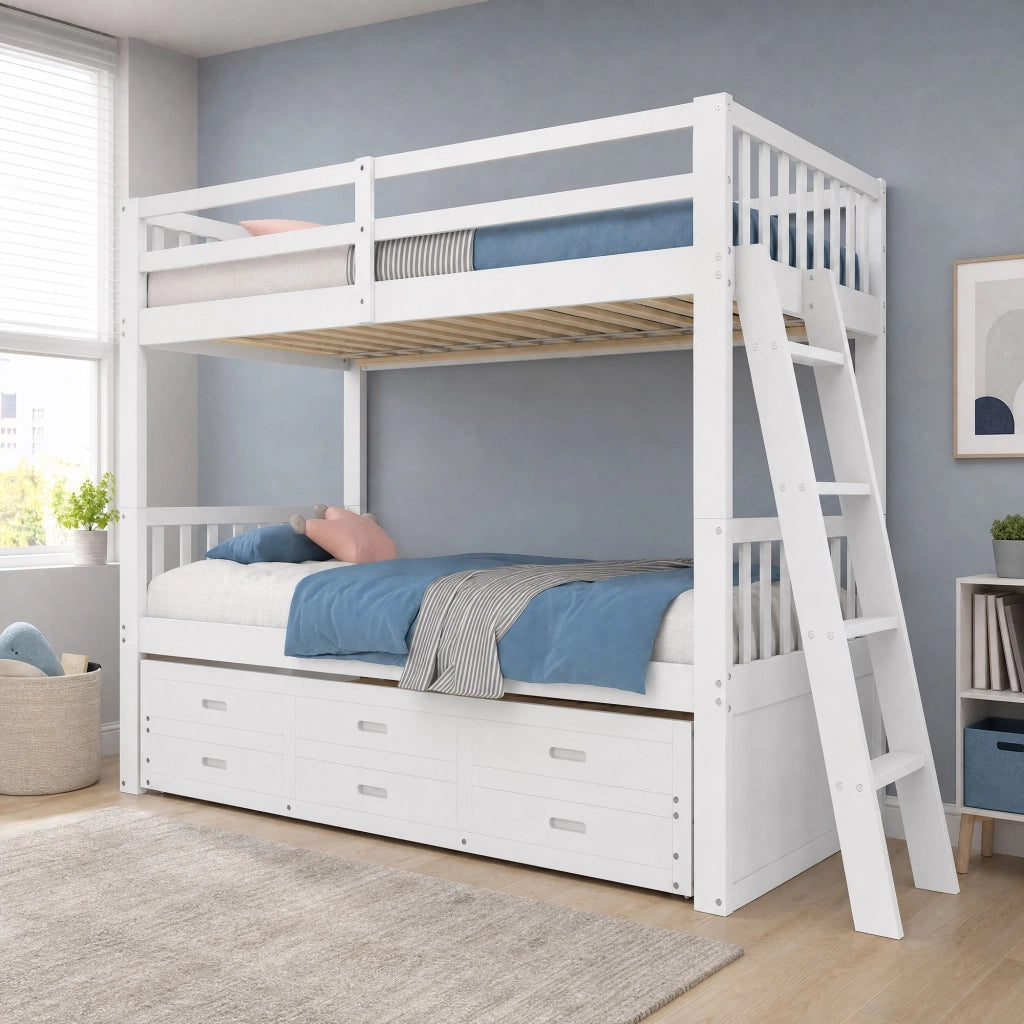 Letto a castello 90 × 200 cm con letto estraibile e 3 cassetti in legno bianco con scala antiscivolo