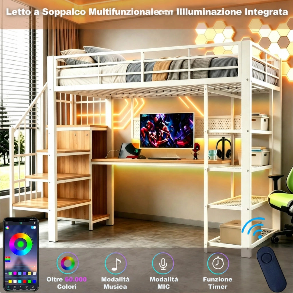 Letto a soppalco 90 x 200 cm con scrivania lunga e LED, metallo e legno, bianco