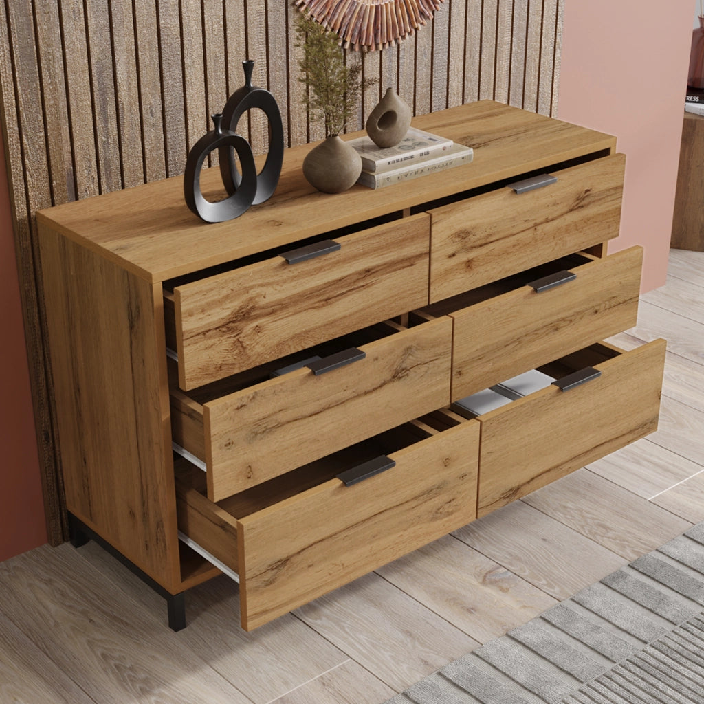 CASSETTIERA con 6 cassetti 120x40x76 cm Effetto rovere scuro e metallo