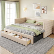 Letto estraibile 3 in 1 con due cassetti rivestito in cotone e lino beige con rete a doghe