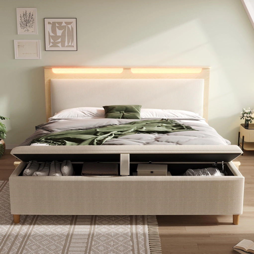 Letto matrimoniale 160x200 cm con testiera LED; panca contenitore e materasso; beige/rovere