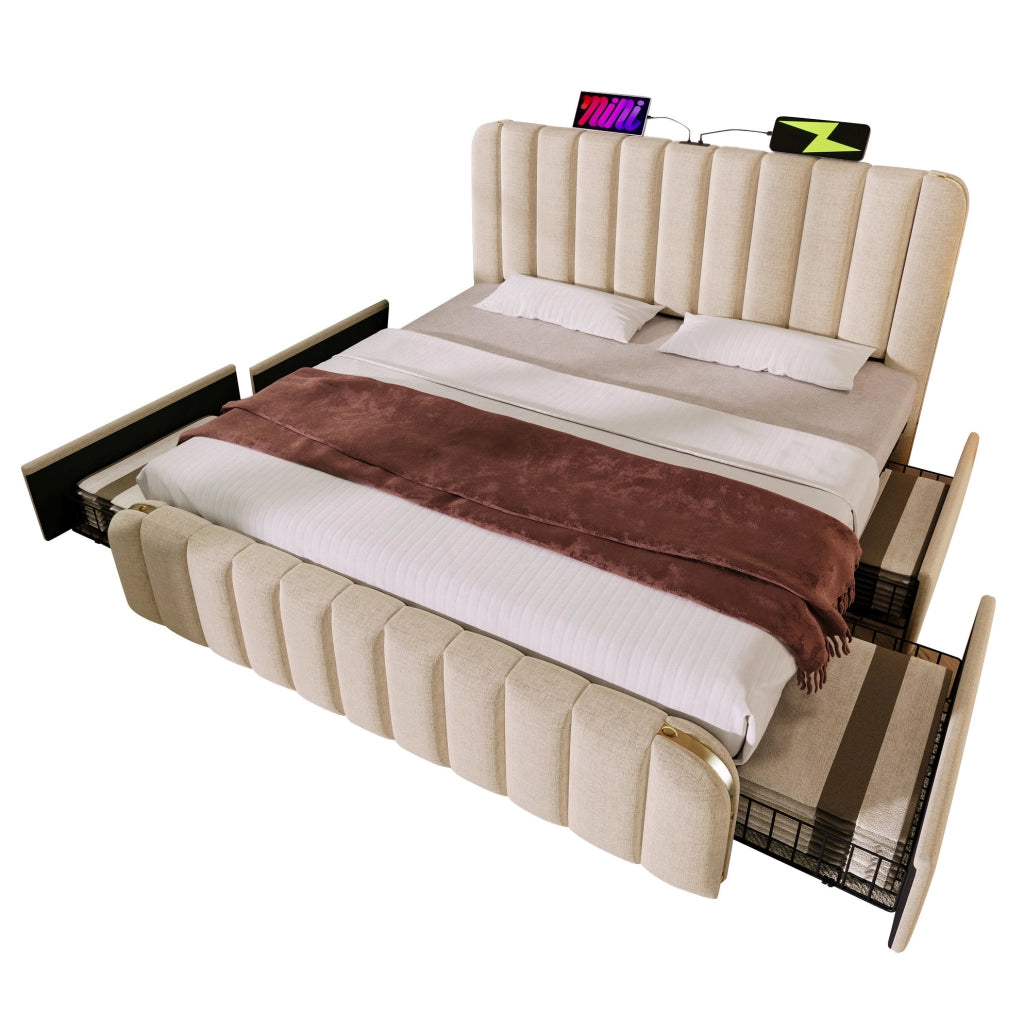Letto imbottito 140x200 cm beige con materasso H3, 4 cassetti, USB e Type-C