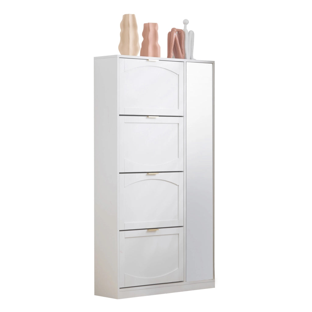 Scarpiera con specchi, 4 vani estraibili e ripiani regolabili, bianca, per ingresso, in truciolare, 80 × 24 × 147 cm