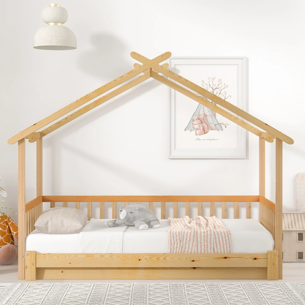 Letto a casetta 90 × 200 cm estensibile a 180 × 200 cm con rete a doghe in legno naturale