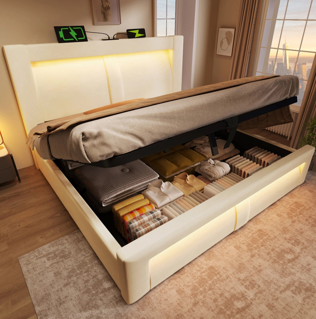 Letto matrimoniale 160x200 cm con contenitore, LED e porte USB