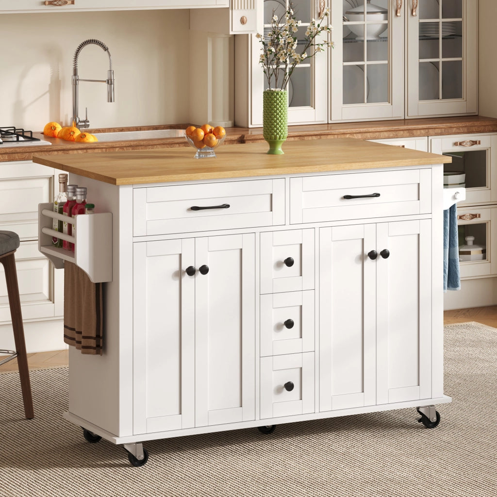 Isola cucina con piano di lavoro pieghevole 140 x 65 x 89 cm in MDF con 5 cassetti e ruote