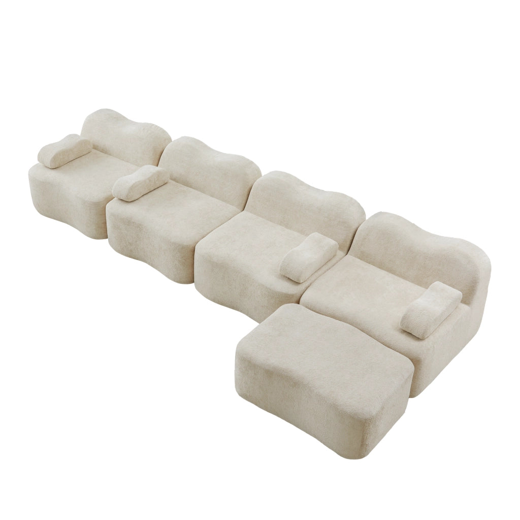 Divano modulare a L 4 posti in velluto beige con pouf; schiuma 32D; 384x167x70 cm