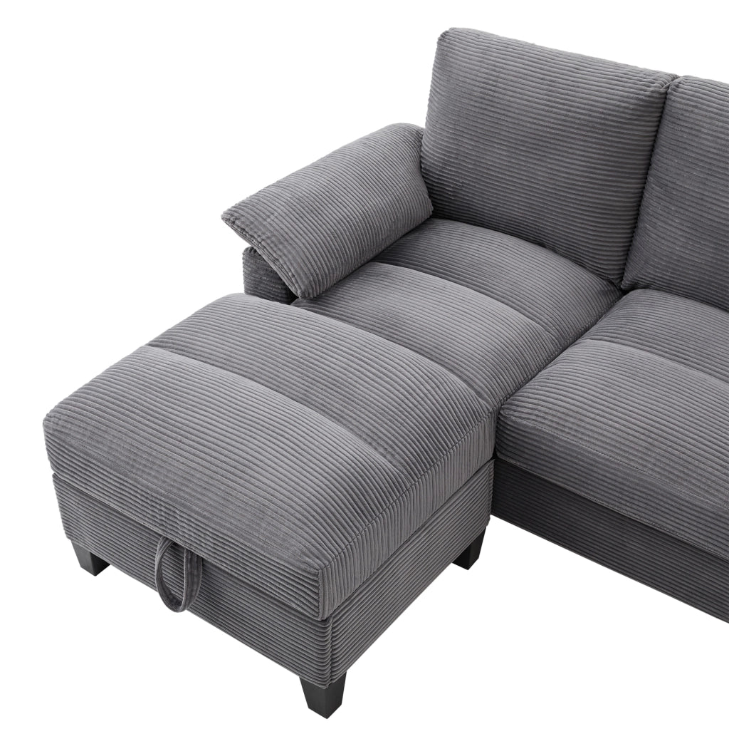 Divano modulare a U 4-5 posti 293x142x93 cm in velluto a coste grigio con contenitore; USB e portabicchieri HOMVRA