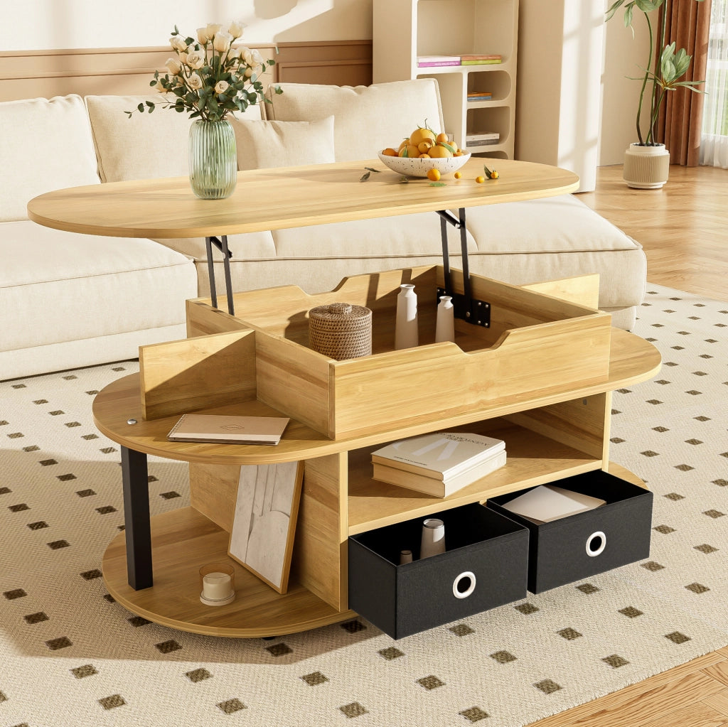 Tavolino da salotto con effetto legno, funzione alzabile, cassetti in tessuto nero e vano portaoggetti – 105x50x45/60 cm