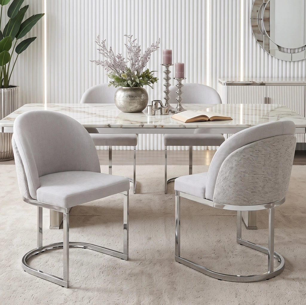 Set di 4 sedie da pranzo in ciniglia grigio e argento