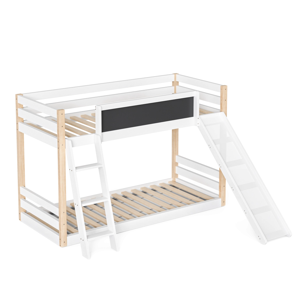 Letto a castello per bambini bianco 90x200 cm con scala, scivolo e lavagna