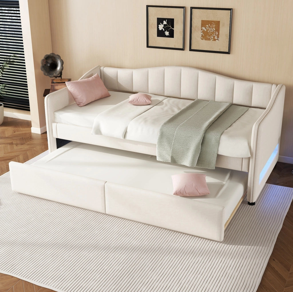 Letto Giorno 90x200 cm con Letto Estraibile, Divano Letto Singolo in Lino Beige Senza Materasso, Illuminazione Ambientale