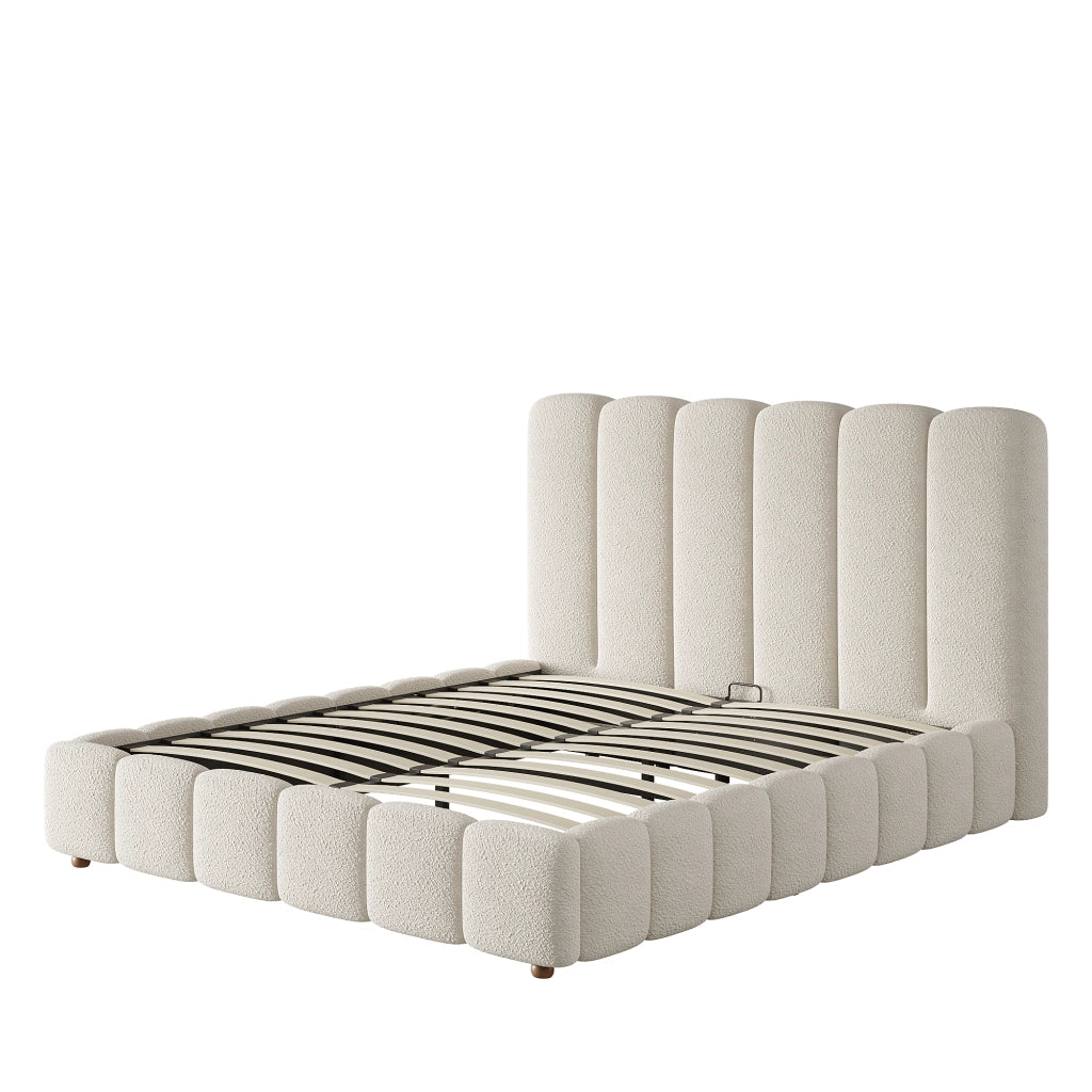 Letto contenitore 140 × 190 cm 2 posti con apertura idraulica e testiera imbottita; senza materasso; in bouclé bianco