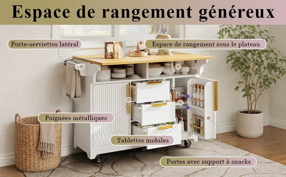 Isola Cucina Multifunzione con Estensione Tavolo, Piani Ribaltabili Bilaterali, Ante a Motivo Verticale, Ampio Spazio con Cassetti, Credenza su Ruote