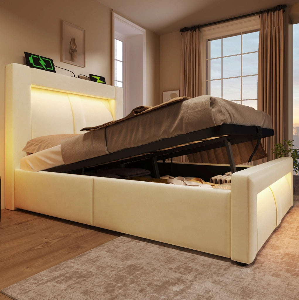 Letto singolo 90x200 contenitore velluto beige LED USB Type-C con materasso