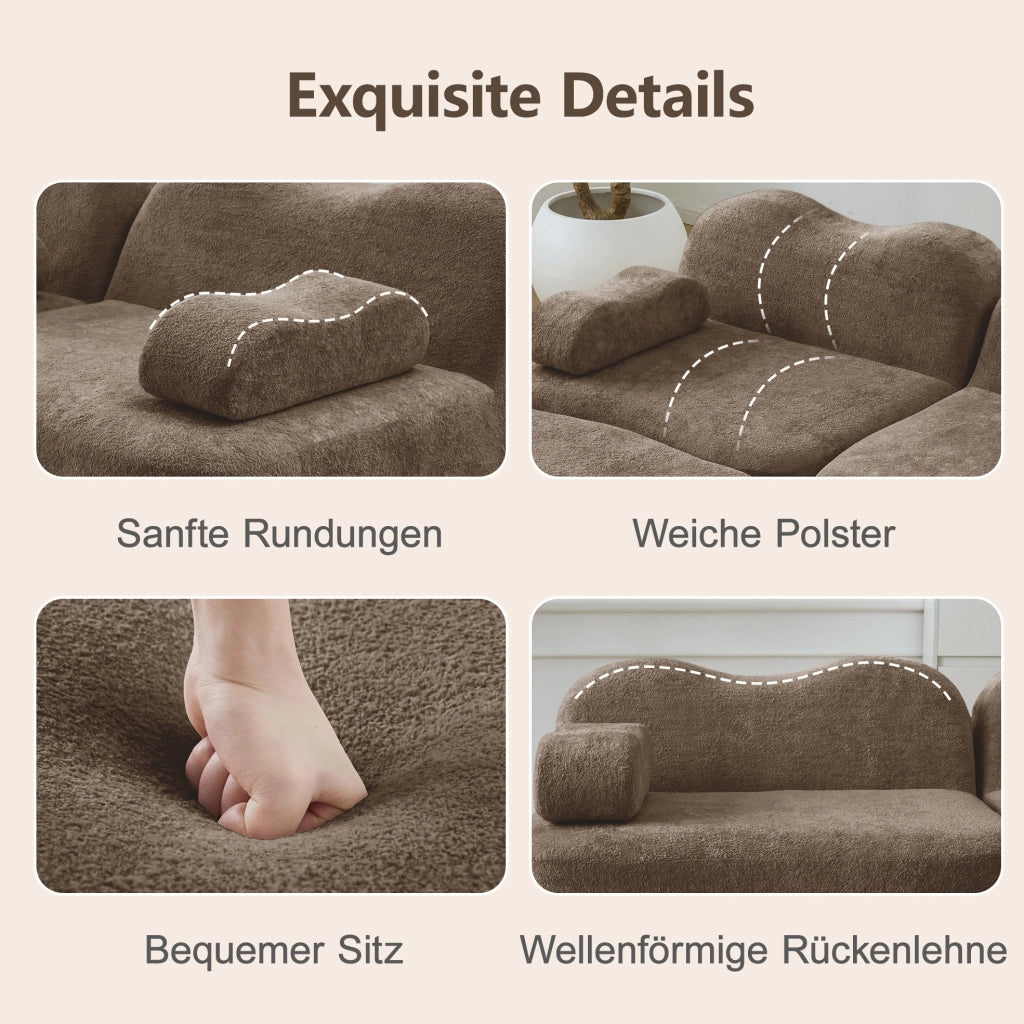 Divano modulare ULEVR a U 4 posti con 2 pouf, forma ondulata e rivestimento in velluto marrone