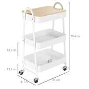 Carrello da cucina in metallo bianco a 3 ripiani con coperchio, dimensioni 45x31x79,4 cm