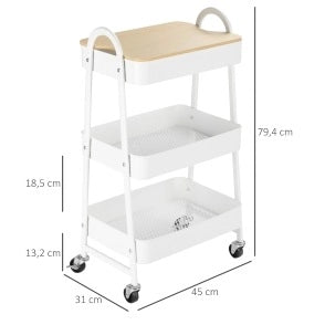 Carrello da cucina in metallo bianco a 3 ripiani con coperchio, dimensioni 45x31x79,4 cm