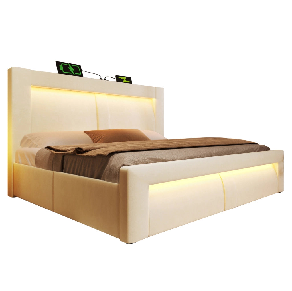 Letto matrimoniale 160x200 cm con contenitore, LED e porte USB