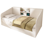 Letto divano singolo 90 × 200 cm con contenitore idraulico; 2 mensole; 3 USB e Type-C; senza materasso; bianco