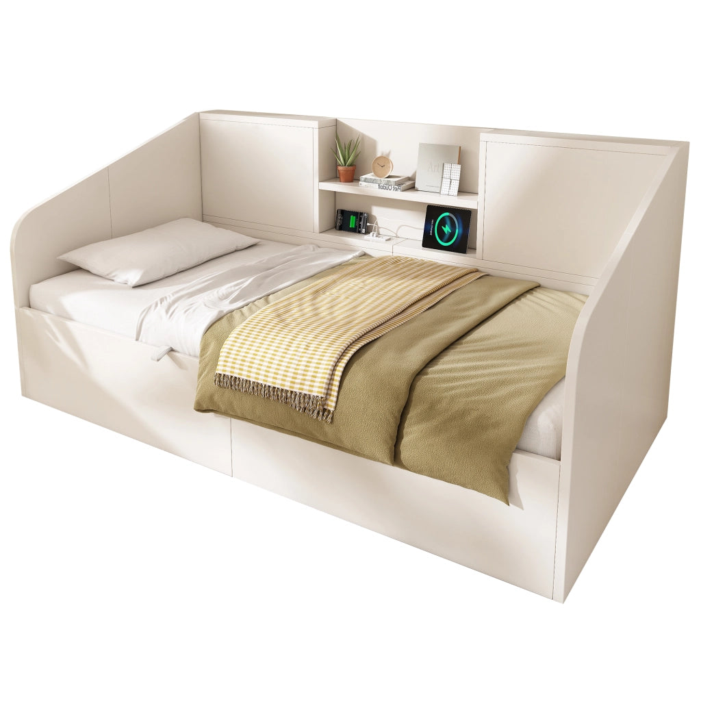 Letto divano singolo 90 × 200 cm con contenitore idraulico; 2 mensole; 3 USB e Type-C; senza materasso; bianco