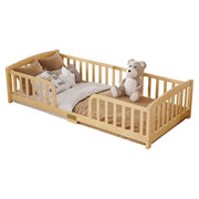 Letto per bambini singolo 90 × 200 cm con barriera e ingresso centrale, senza materasso, in pino naturale