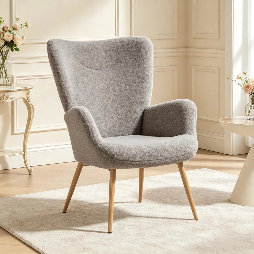 Poltrona con schienale alto e braccioli in tessuto spugna grigio con gambe effetto legno 97;5 × 71 × 74 cm