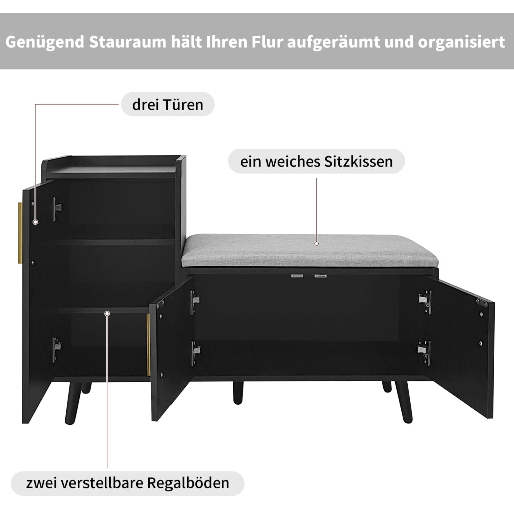 Panca Porta Scarpe Moderna con Tre Ante e Ripiani Regolabili, Struttura in Legno e Metallo Nera, B100xT34xH69 cm