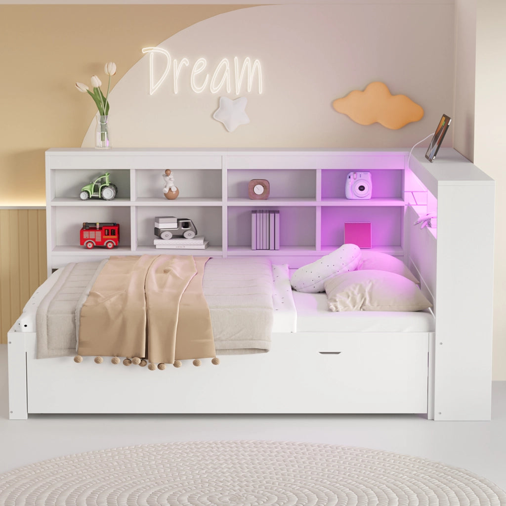 Letto contenitore matrimoniale 140×200 cm con USB; LED; ripiani e cassetti; senza materasso; legno; bianco