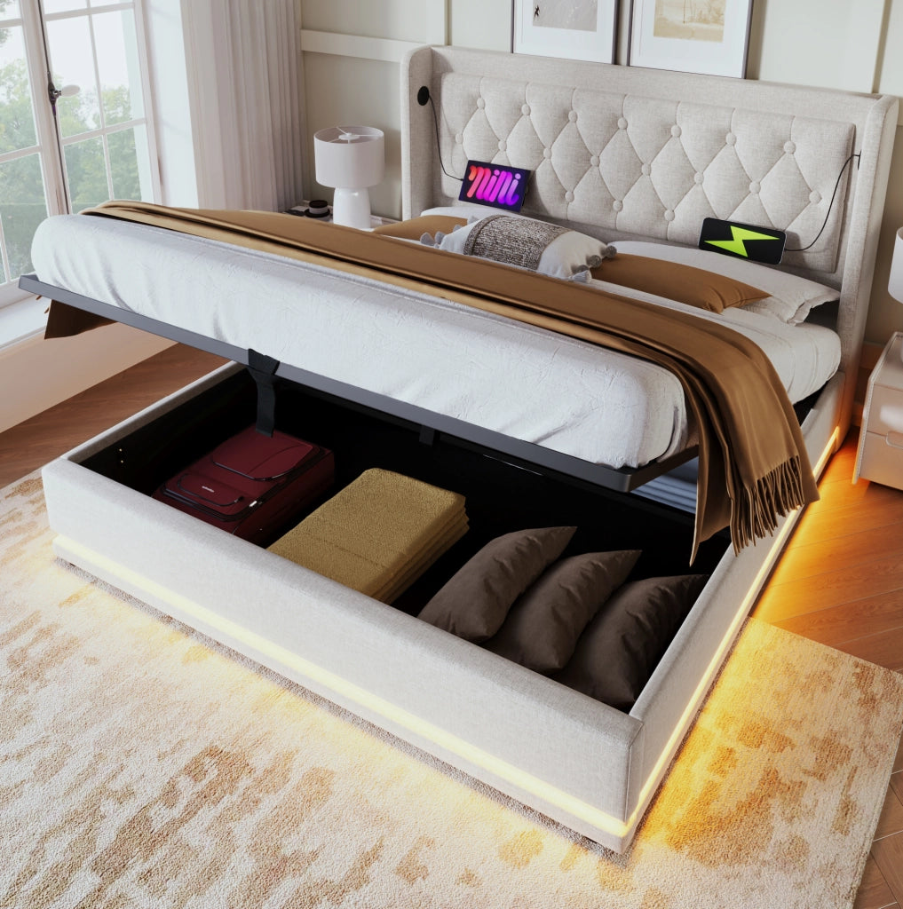 Letto matrimoniale imbottito 160x200 cm beige in cotone con contenitore idraulico, testiera imbottita con funzione di ricarica USB Tipo-C e illuminazione LED a 3 lati (senza materasso)