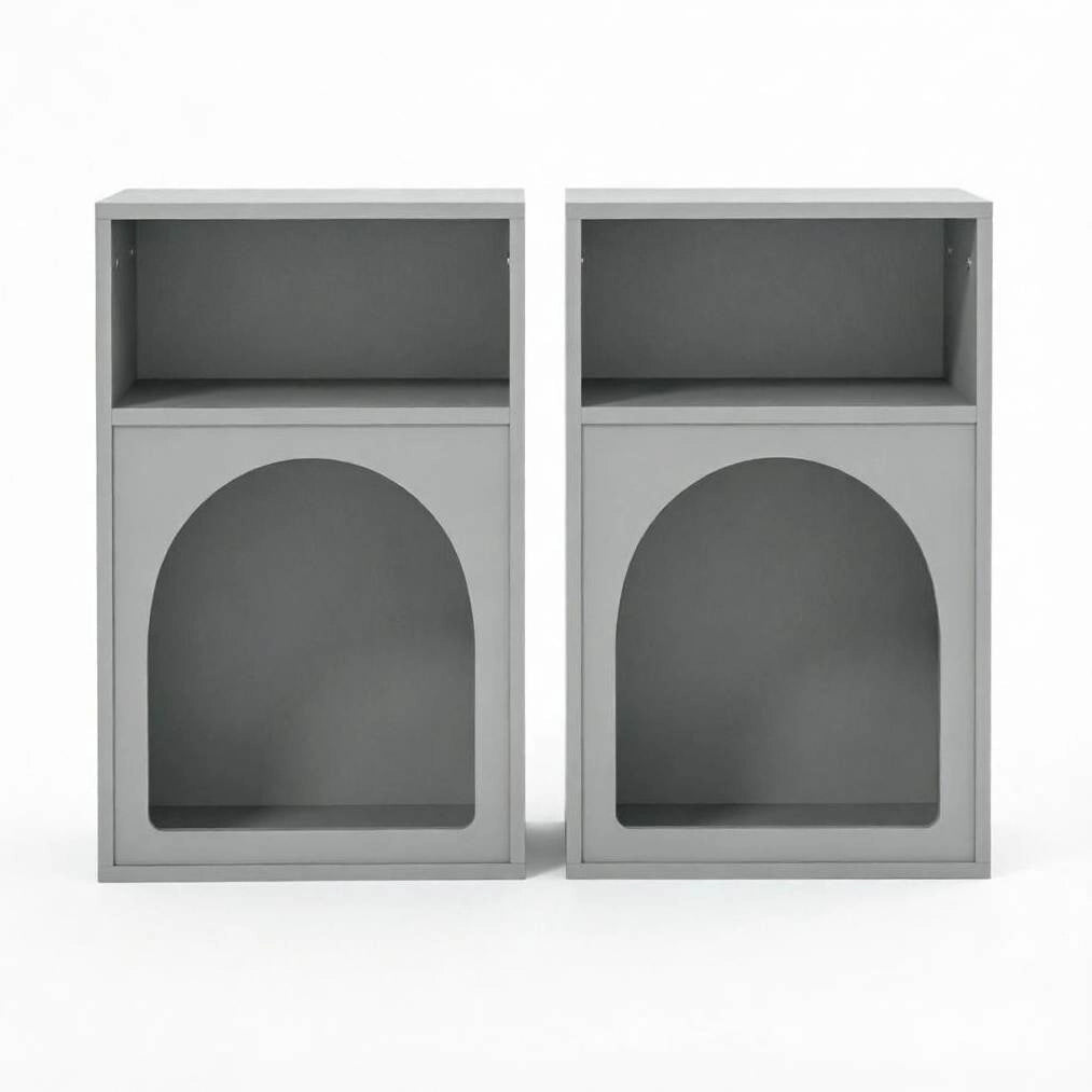 Set di 2 comodini grigi in MDF con ripiani aperti, design curvo, 40x30x60 cm