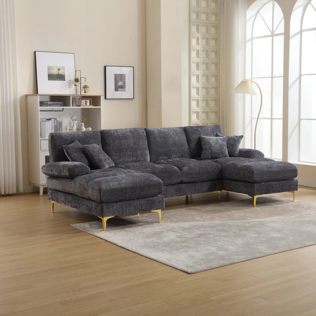 Divano modulare moderno a forma di U in chenille con doppie sedute reclinabili, struttura in legno e piedi in metallo dorato, 272x136x88 cm