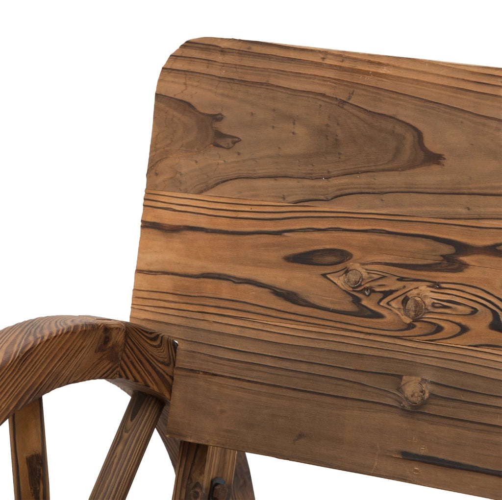 Panchina da giardino in legno massello; braccioli a ruota di carro; 114 x 58 x 80 cm; marrone scuro