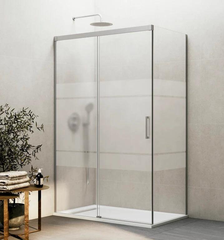 Box doccia angolare BASIC fisso + scorrevole + laterale fisso 150x90 cm (145-150/86,5-89) nichel spazzolato vetro Frost