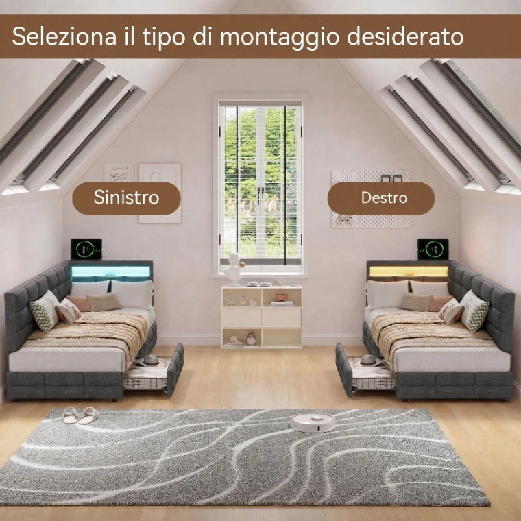 Divano letto multifunzionale 90x200 cm; letto imbottito a L con LED e USB; Letto Singolo con Rete a doghe e Testiera con Contenitore; Lino Grigio
