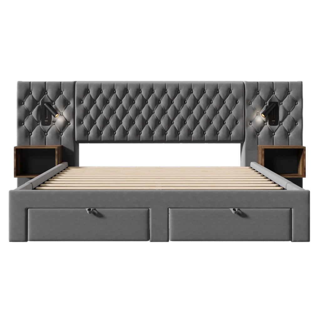 Letto matrimoniale imbottito Grigio in velluto 180x200 cm con 2 comodini, 4 cassetti e illuminazione USB Type-C