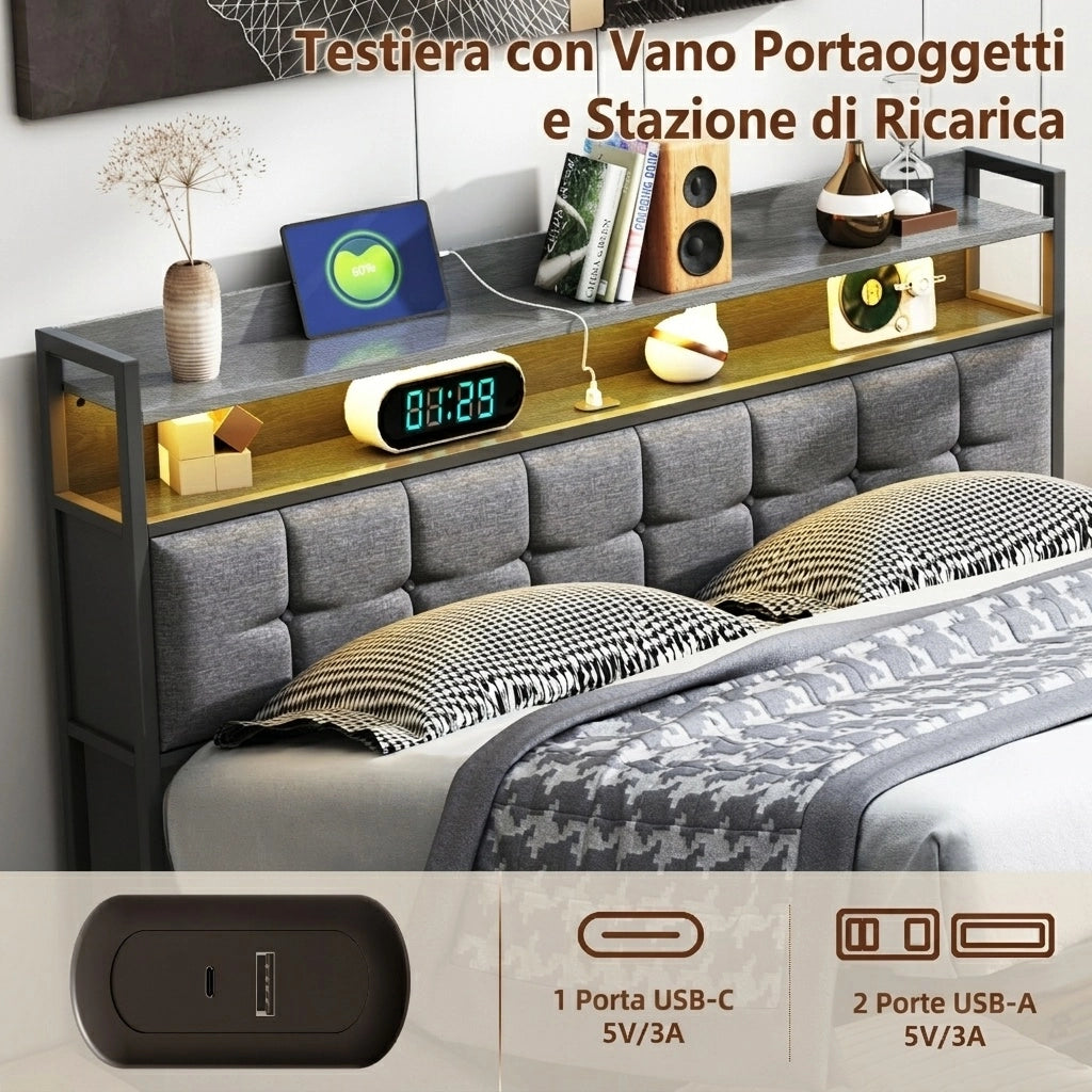 Letto matrimoniale 160x200 cm con contenitore LED USB testiera struttura letto MDF e PU - grigio