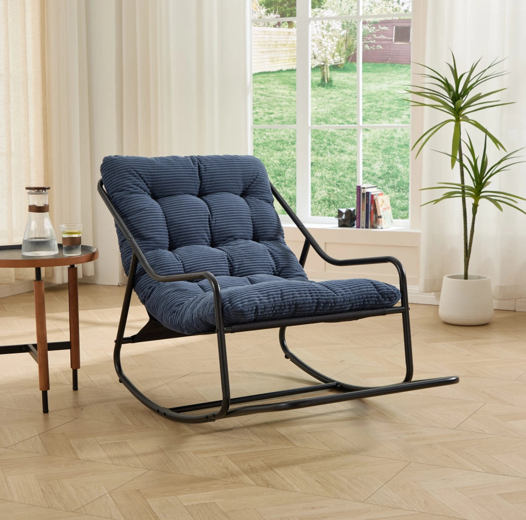 Sedia a dondolo da esterno 116x75x82 cm in acciaio nero con cuscino blu navy