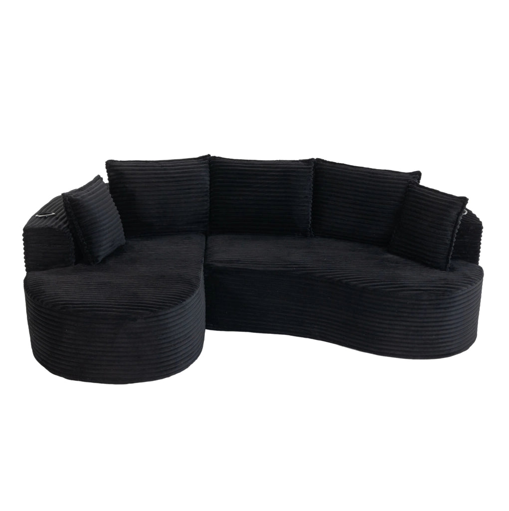 Divano curvo in velluto a coste nero 250x152x82 cm con portabicchieri; tasca laterale e cuscino