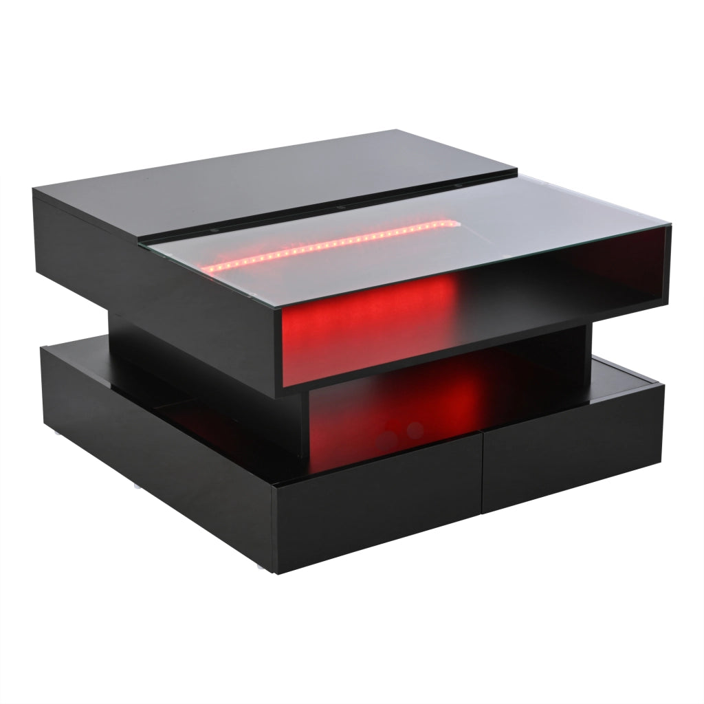 Tavolino da salotto elevabile 80 x 80 x 45 cm nero in truciolare e vetro temperato con 2 cassetti e LED