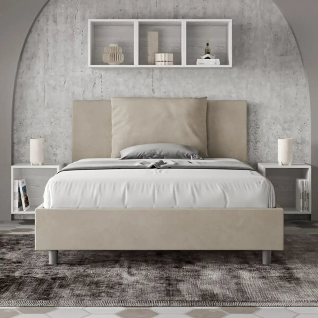 Letto matrimoniale francese contenitore imbottito 140x190 microfibra sabbia Antea