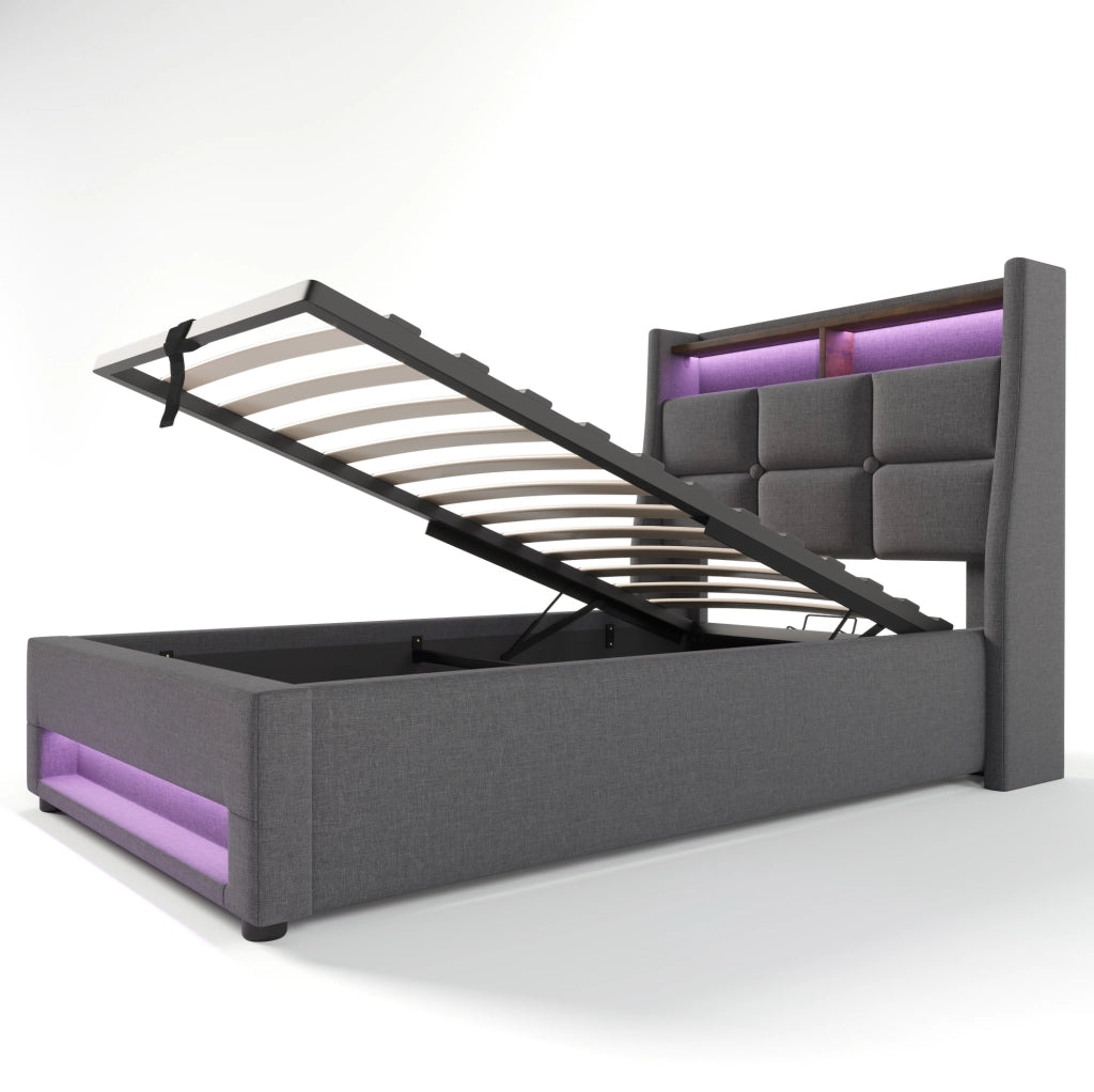 Letto singolo 90x200 cm con contenitore, LED e USB, rivestito in lino grigio