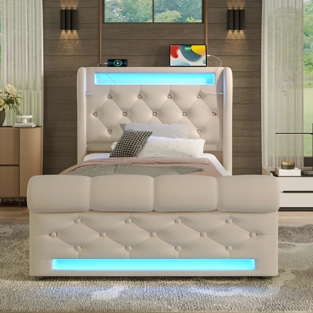 Letto Contenitore Singolo Imbottito 90x200 cm con Sollevamento Idraulico; LED; USB; USB-C; Beige