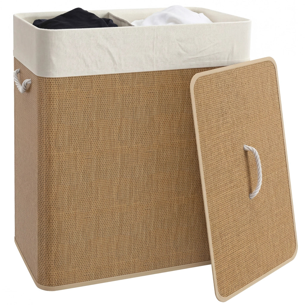 Cesto Portabiancheria in Bambu con Coperchio 100L a 2 Scomparti Sacco Rimovibile Maniglie in Corda Salvaspazio per Casa Bagno