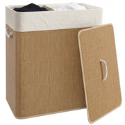 Cesto Portabiancheria in Bambu con Coperchio 100L a 2 Scomparti Sacco Rimovibile Maniglie in Corda Salvaspazio per Casa Bagno
