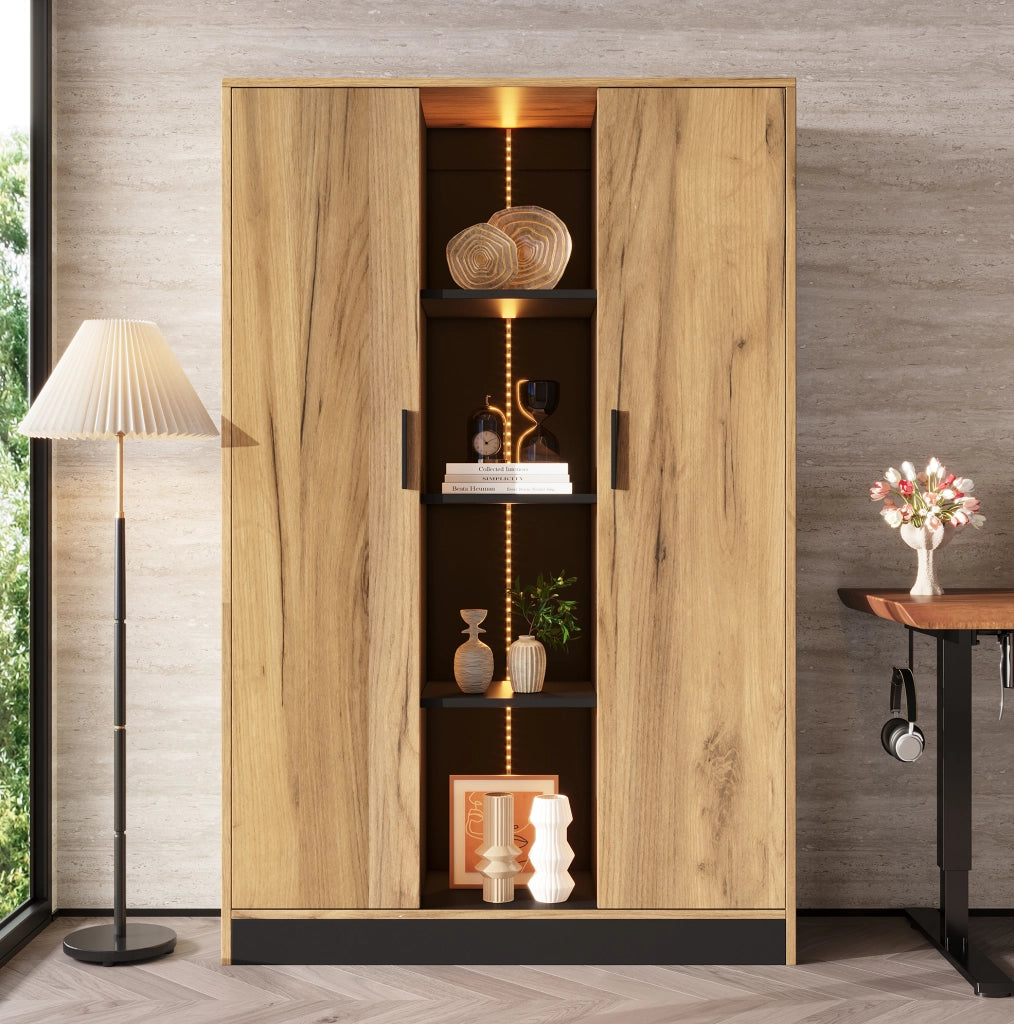 Vetrina 95x35x160 cm con LED controllabile via app; 2 ante e ripiani regolabili; rovere e nero