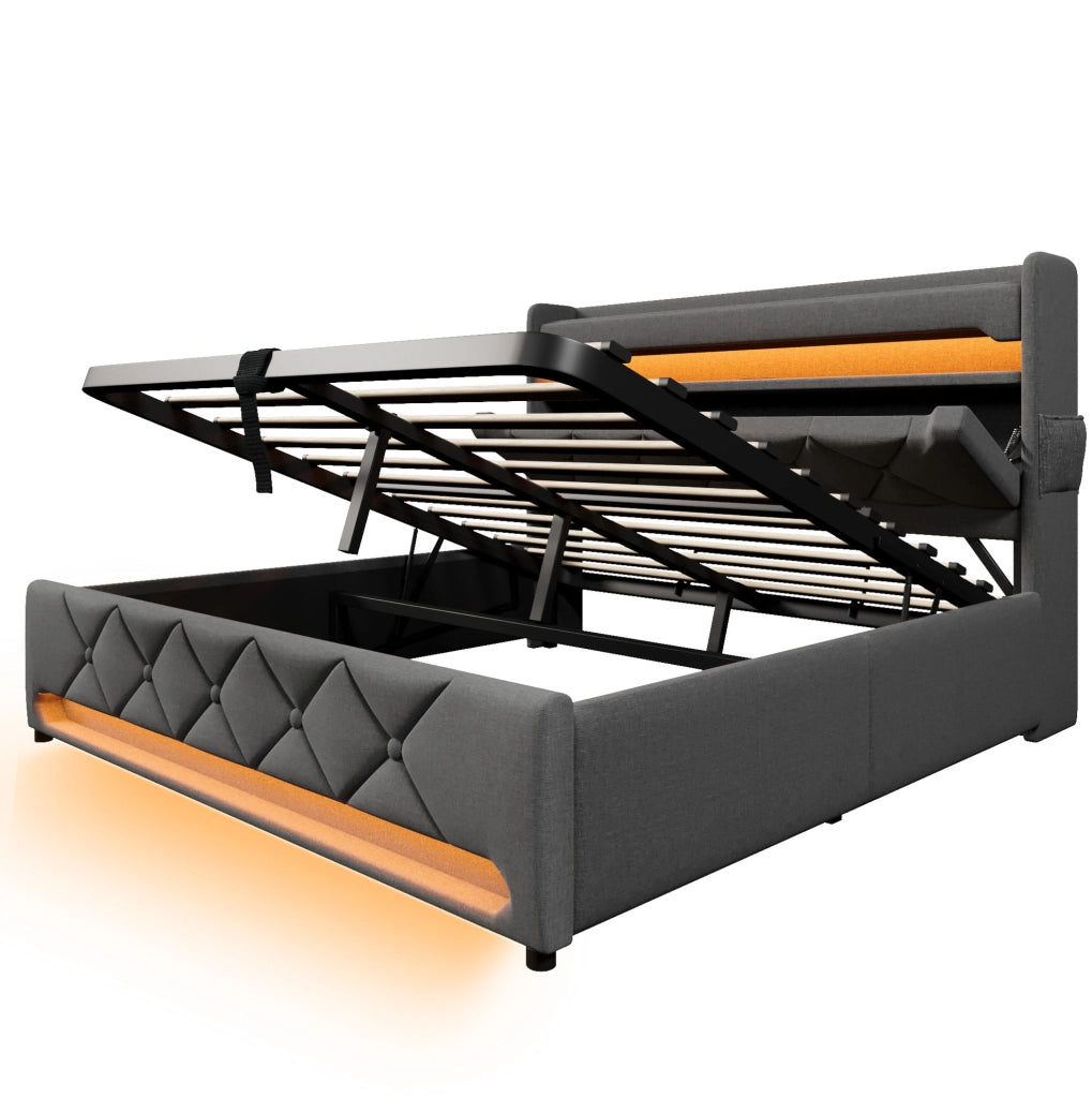 Letto imbottito 180x200 cm con contenitore idraulico, LED e materasso, rivestimento in lino grigio