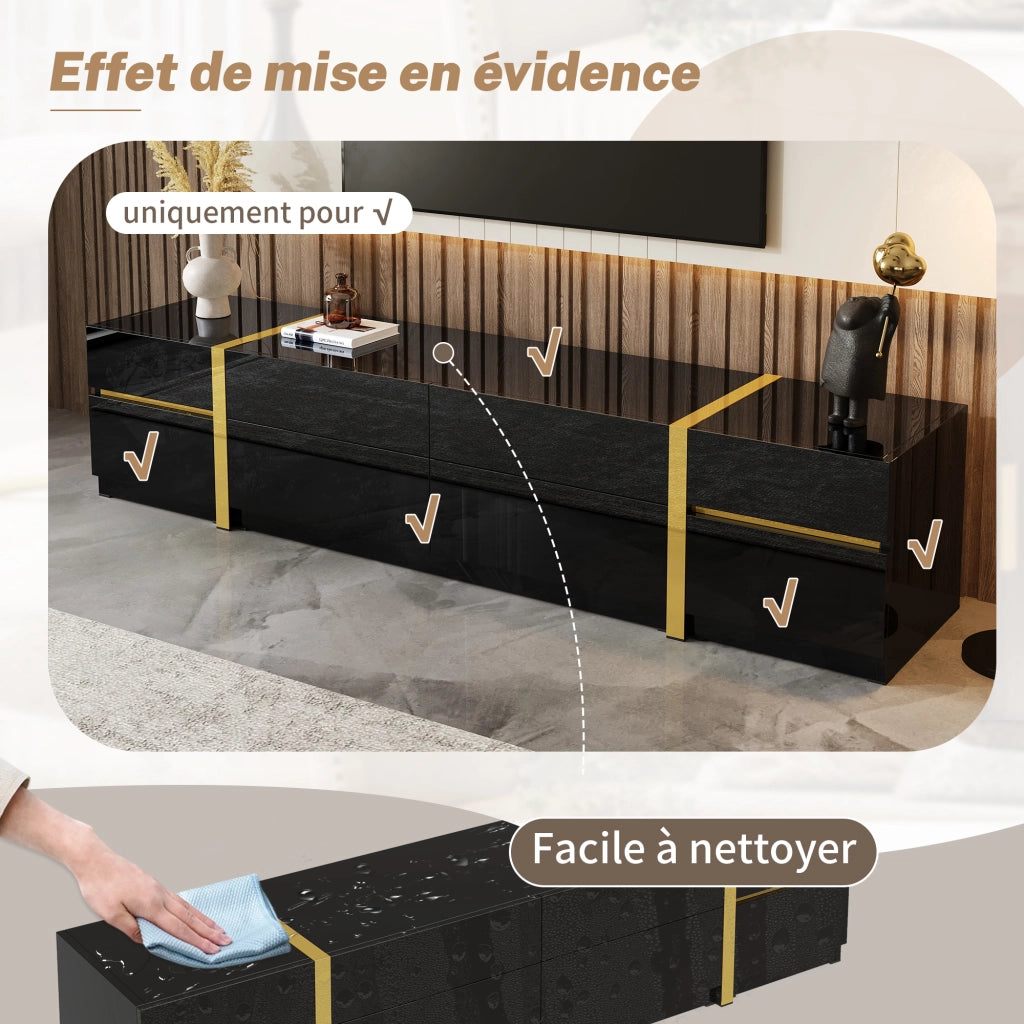 Mobile TV nero con finitura lucida; 4 cassetti e 2 ante; 180 x 40 x 38 cm; MDF e truciolare