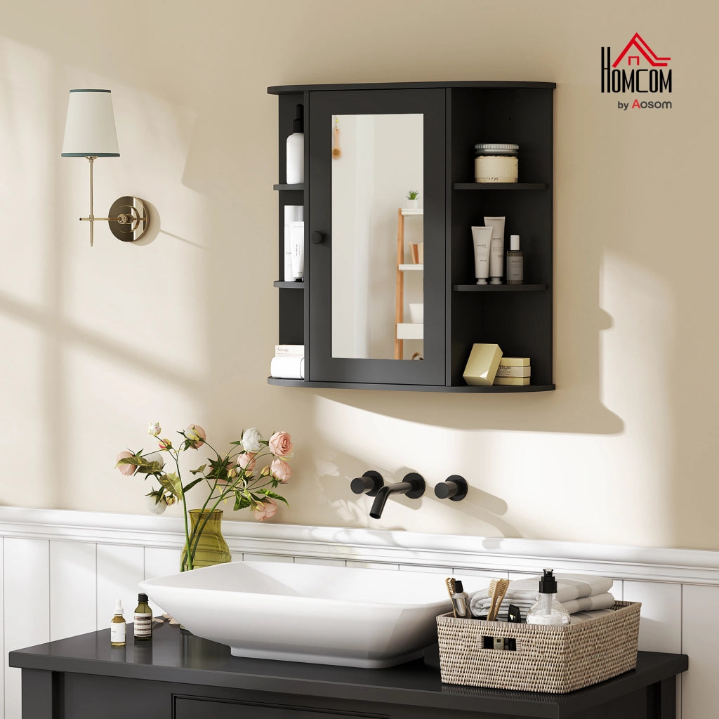 Specchiera Bagno con 6 Ripiani Aperti e 2 Chiusi, in Legno e Vetro, 66x17x63 cm, Nero